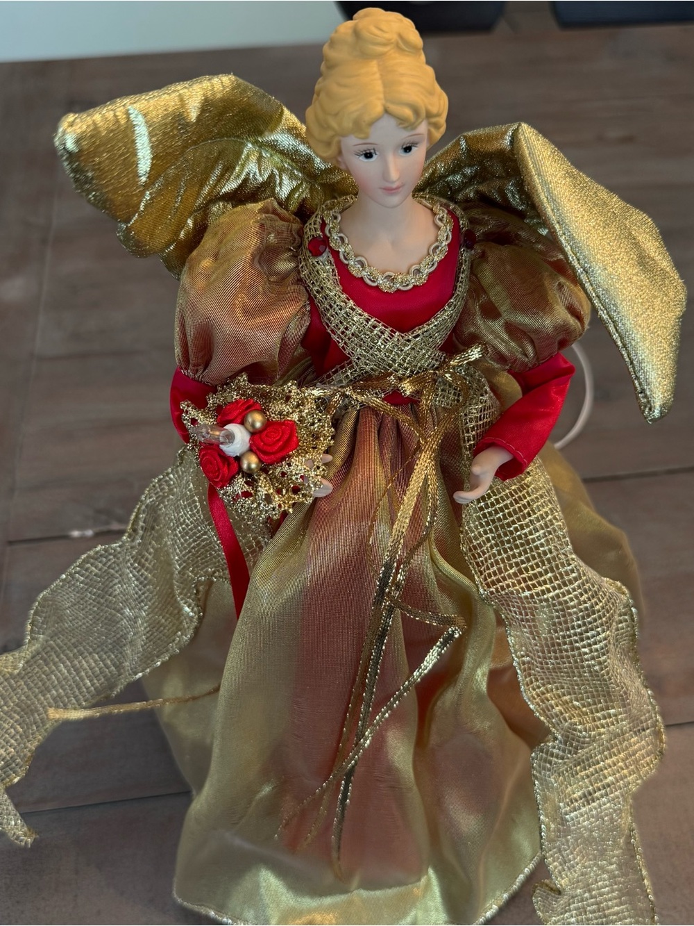 Vintage, Lit porcelain-faced Christmas Angel tree topper Red & Gold Preowned